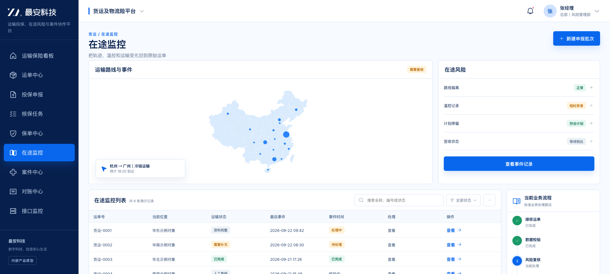 货运在途监控与风险处理界面原型